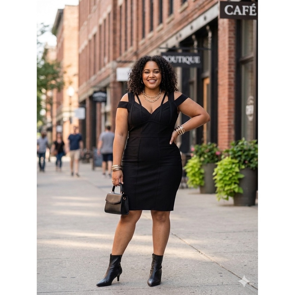 Hybrid & Company Black Bandage Bodycon Dress Cold Shoulder Strappy V-Neck 1X
